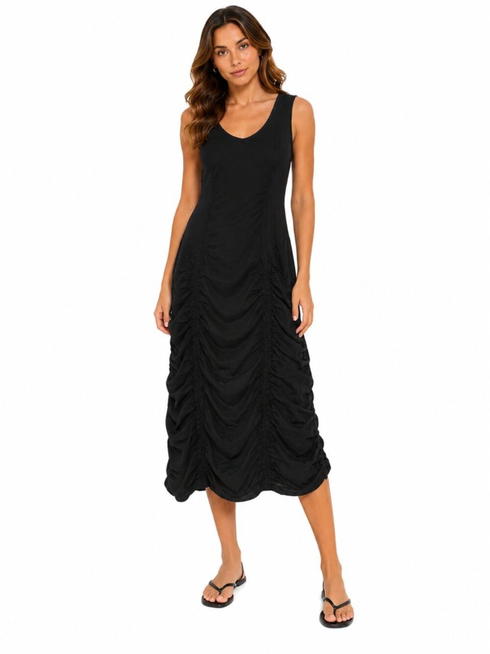 XCVI Black Cotton Spandex Ruched Puckered Skirt Lagenlook Tank Midi Dress L